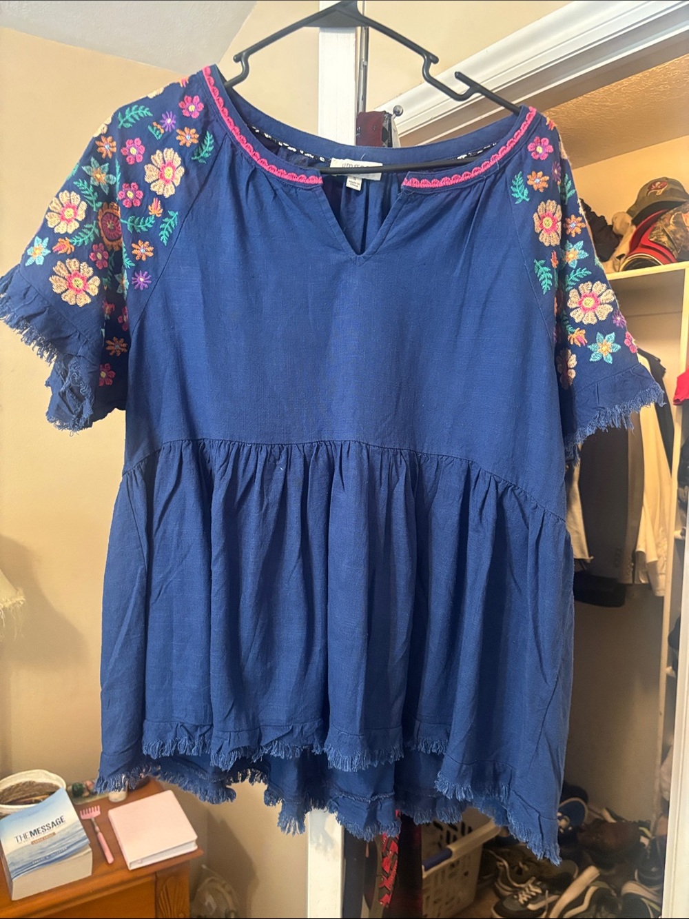 Umgee Navy Embroidered Flutter Sleeve Tunic